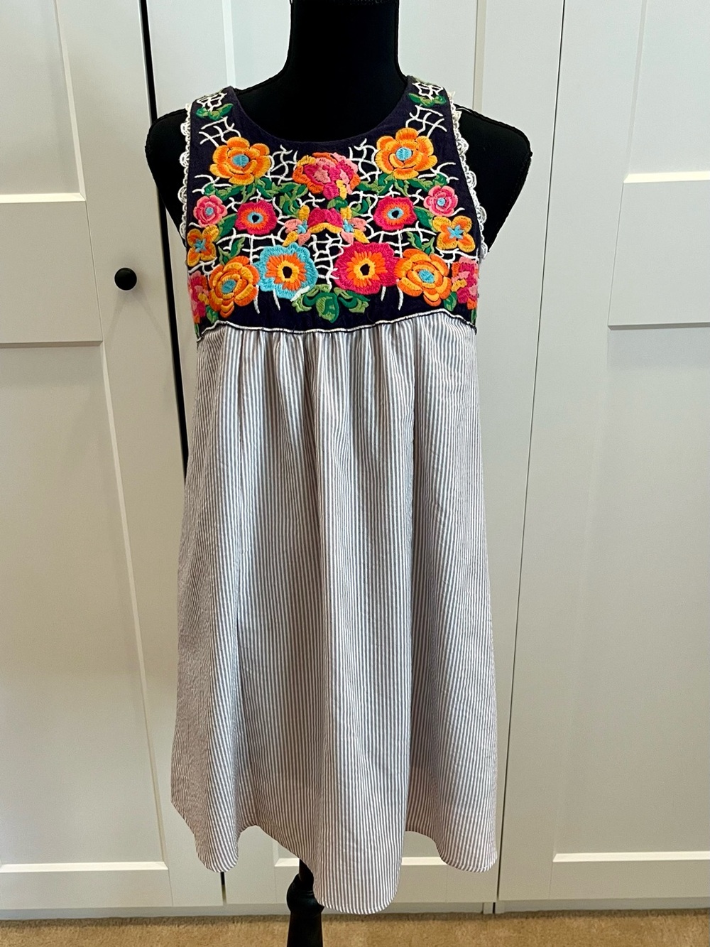 THML Navy Embroidered Floral Tank Dress with Taupe Stripes Casual Suummer Boho